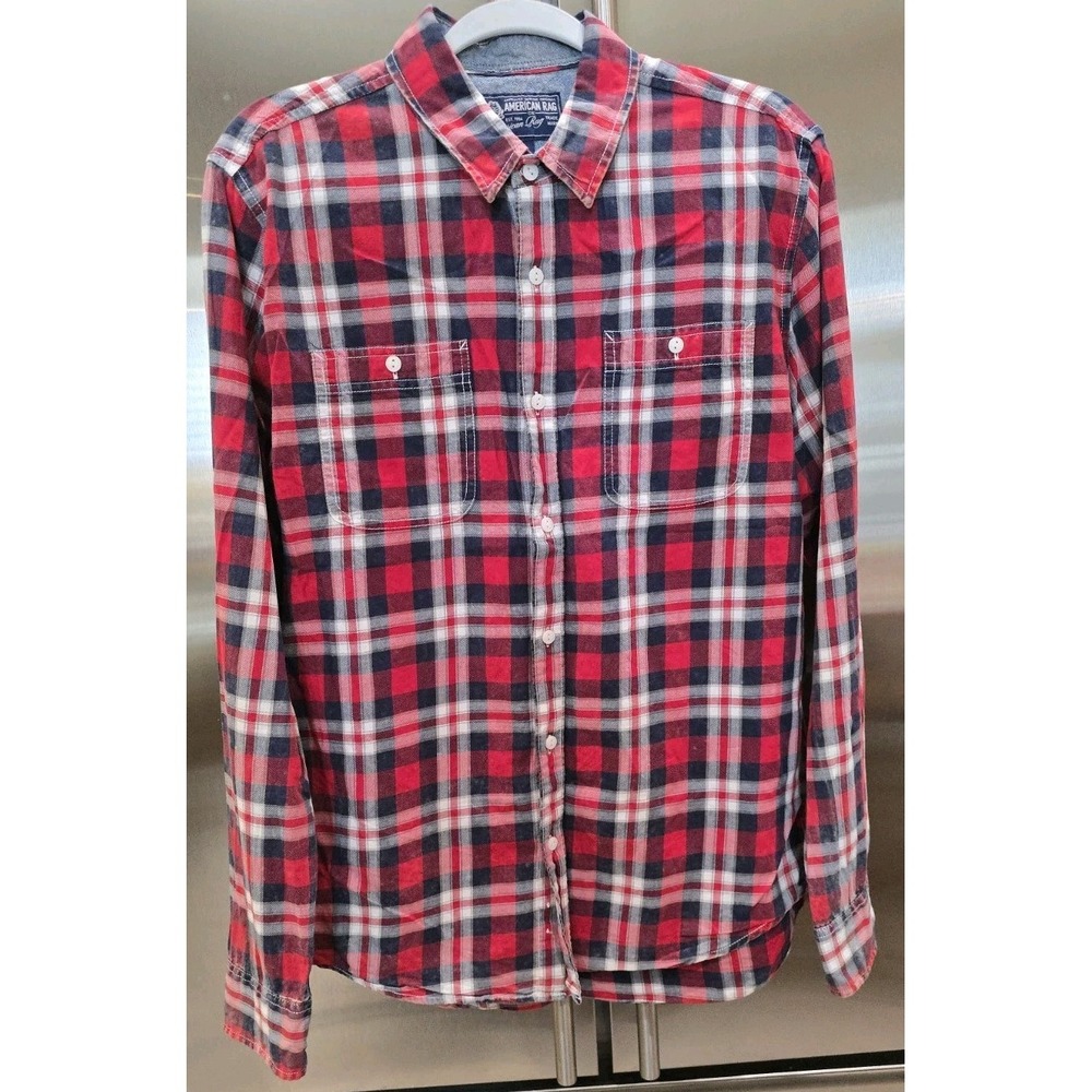 American Rag Red Plaid Button Down Long Sleeve Shirt Men 100% Cotton SZ M #1031